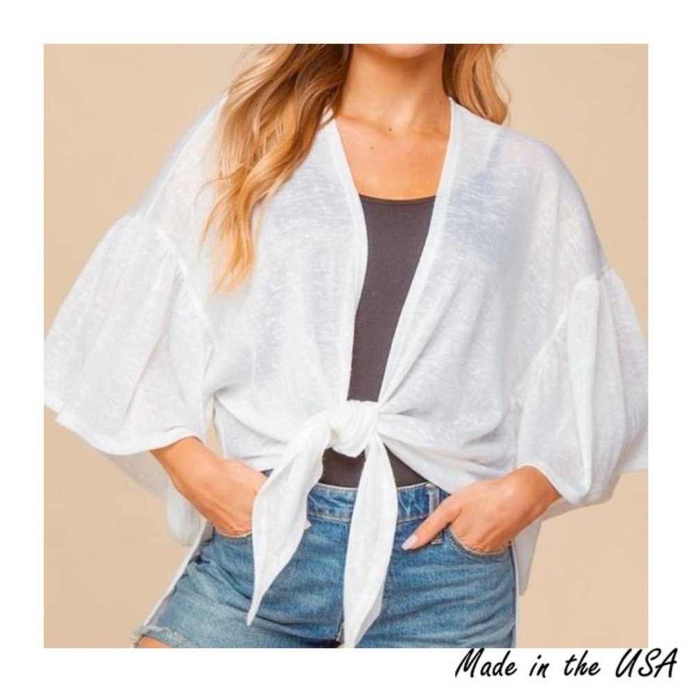 White Ruffle Bell Sleeve Kimono